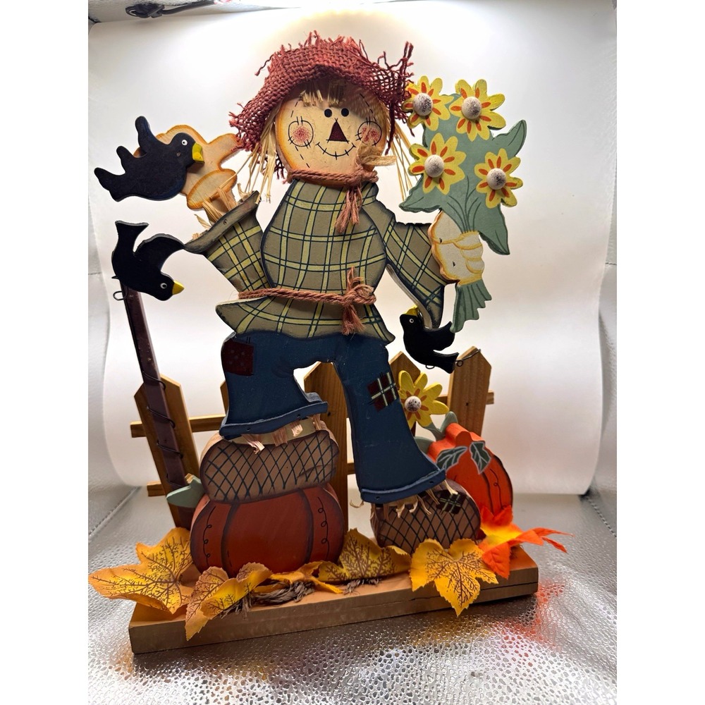 Wooden Folk Art Scarecrow Display EUC Vintage Autumn Fall